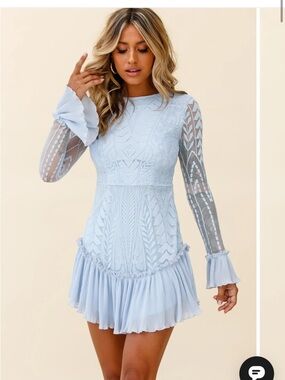Delicate Pale Blue Lace Pleated Mini Dress